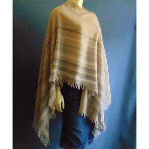 Eileen Fisher Fringed Brown Striped Wool Blend Pancho Wrap Sweater OS